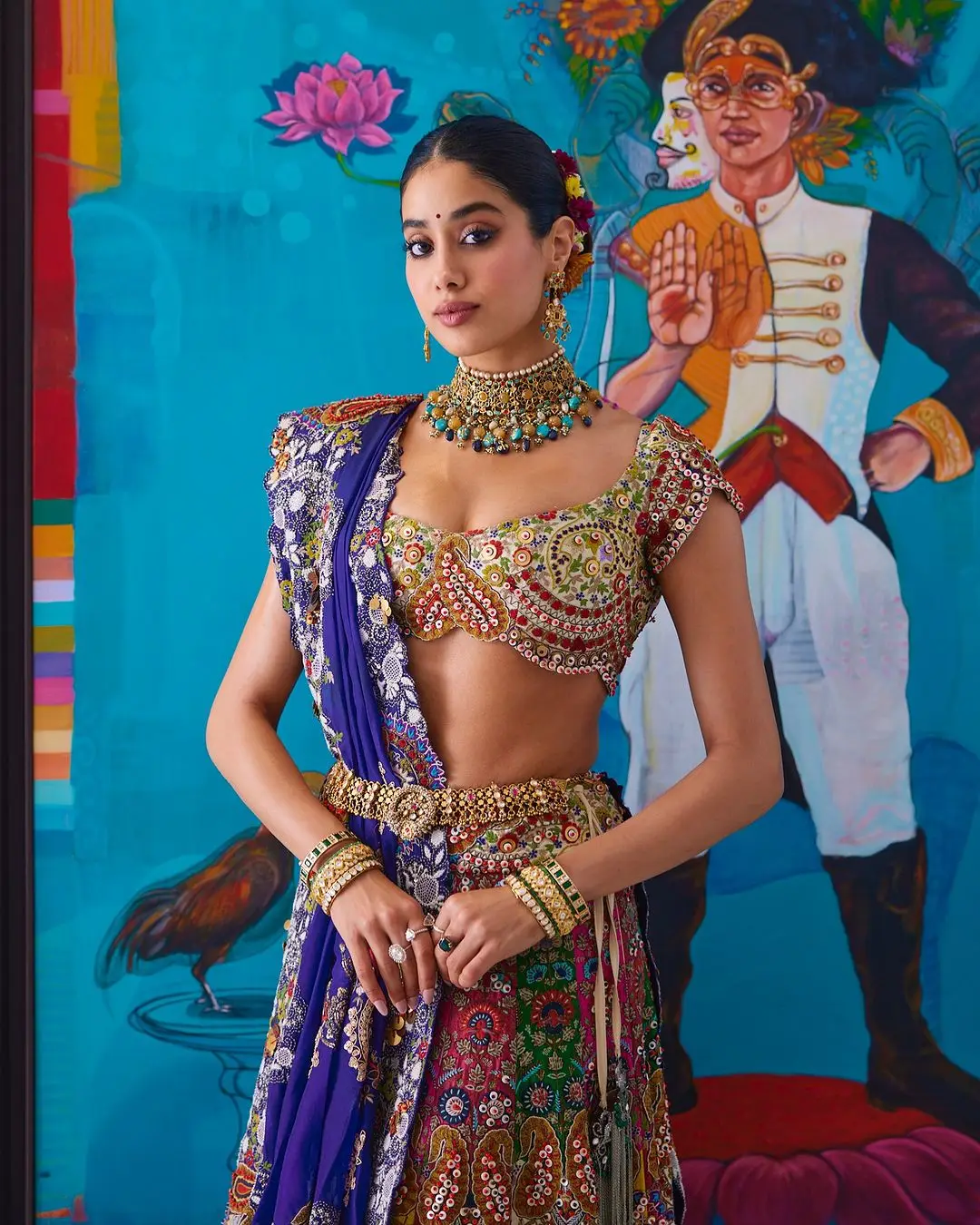 Janhvi Kapoor Stills in Blue Designer Lehenga Choli Voni